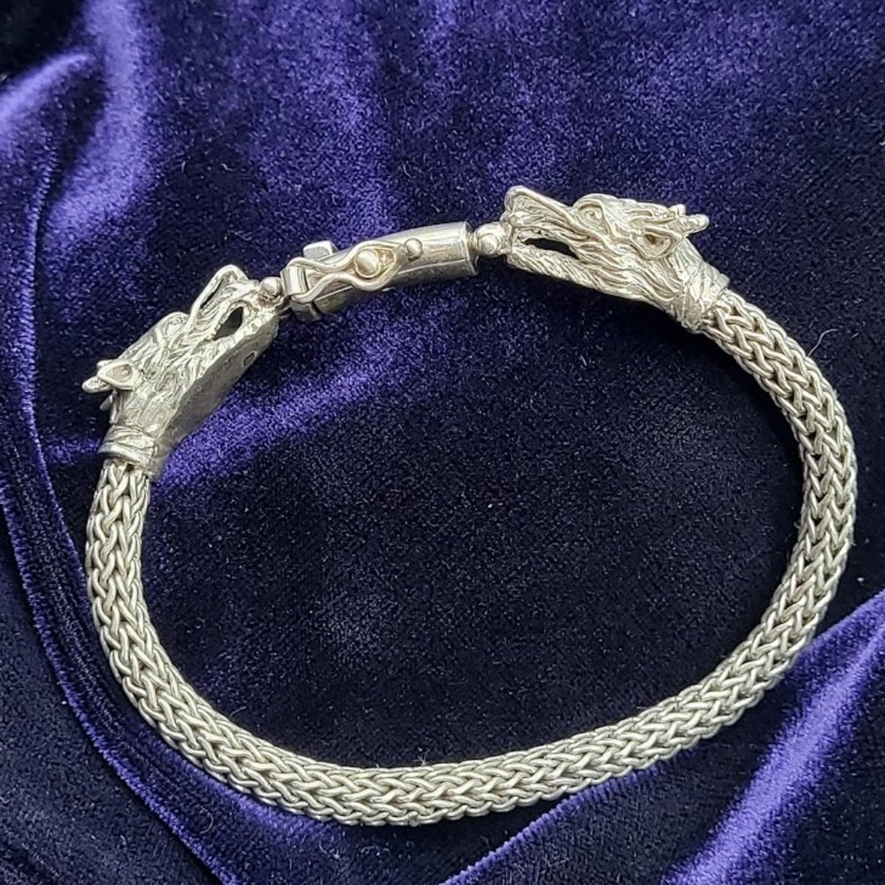 NEW Double Dragon Silver Filigree Weave Bracelet Hardy Style Goth Fantasy Magic